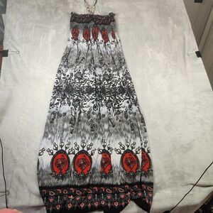 Chesley Maxi Dress Womens L Black Red Tribal Halter Smocked Whimsygoth Rocker